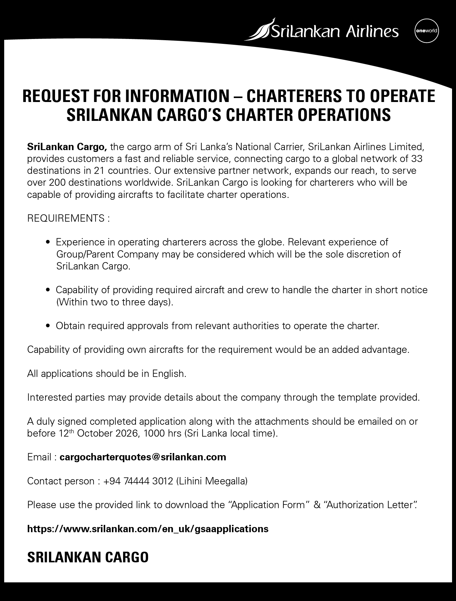 REQUEST FOR INFORMATION - CHARTERERS TO OPERATE
SRILANKAN CARGOS CHARTER OPERATIONS
