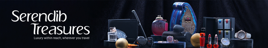 A picture collage of a bottles of perfume, jewellery, souvenirs, liquor and cosmetics that can be obtained from SriLankan Airlines duty free shop