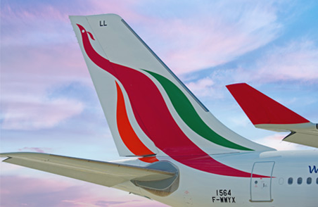 The vertical tail wing of a SriLankan Airlines flight with SriLankan Airlines logo